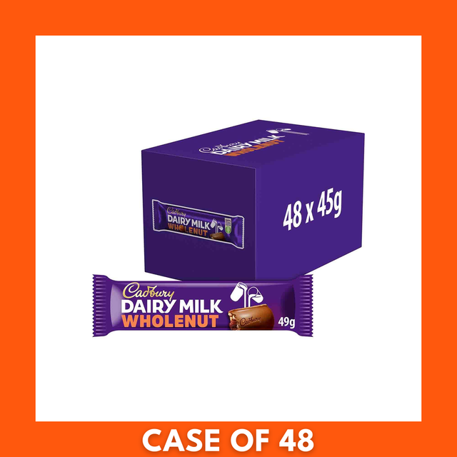 Cadbury Wholenut bulk pack — 48 x 45g milk chocolate bars in a retail carton, Cadbury logo and whole-hazelnut imagery on purple packaging