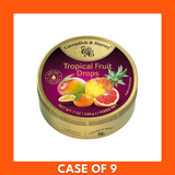 Front view of Cavendish & Harvey 200g tropical hard candy package with logo and fruit illustrations alongside a pile of colorful fruit‑flavored hard candy drops