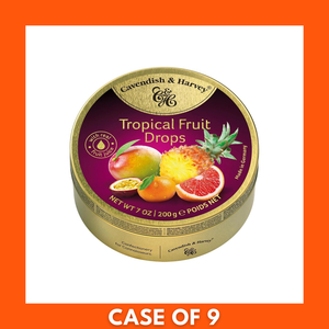 Front view of Cavendish & Harvey 200g tropical hard candy package with logo and fruit illustrations alongside a pile of colorful fruit‑flavored hard candy drops