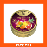 Cavendish & Harvey Hard Candy Drops Tropical 1 x 200g — clear jar with branded label showing assorted glossy round tropical fruit‑flavored candies in bright yellow, orange, red and green