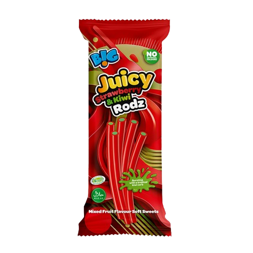 Close-up of a 150g Big Juicy Strawberry & Kiwi Liquorice Rodz pouch with loose strawberry-red and kiwi-green spiral liquorice rods; sold as 10 x 150g