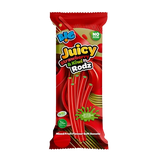Close-up of a 150g Big Juicy Strawberry & Kiwi Liquorice Rodz pouch with loose strawberry-red and kiwi-green spiral liquorice rods; sold as 10 x 150g