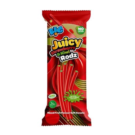 Close-up of a 150g Big Juicy Strawberry & Kiwi Liquorice Rodz pouch with loose strawberry-red and kiwi-green spiral liquorice rods; sold as 10 x 150g