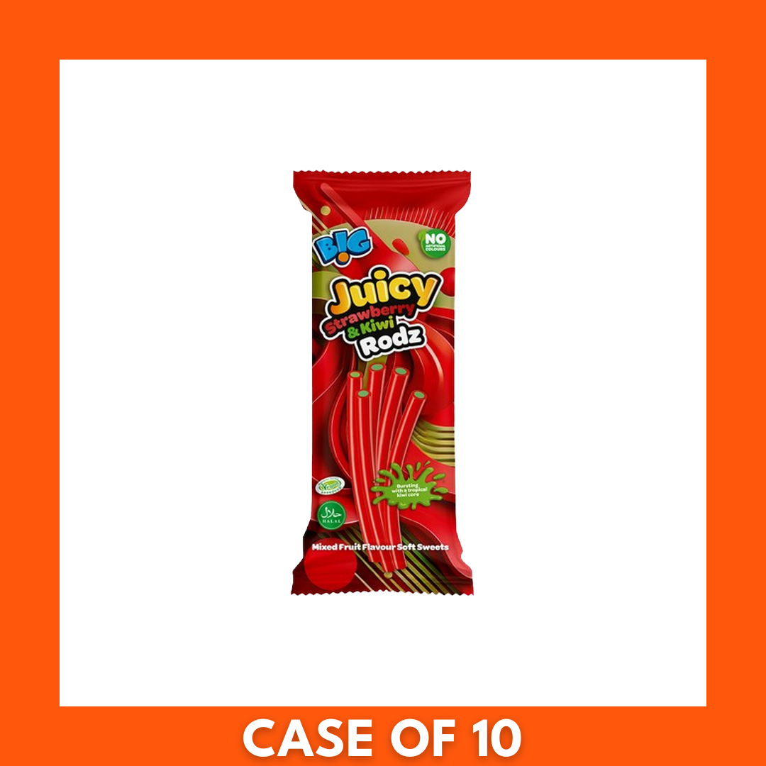 Ten-pack of Big Juicy Strawberry & Kiwi Liquorice Rodz (10 x 150g) showing colorful branded pouches with pink strawberry and green kiwi swirl liquorice rods