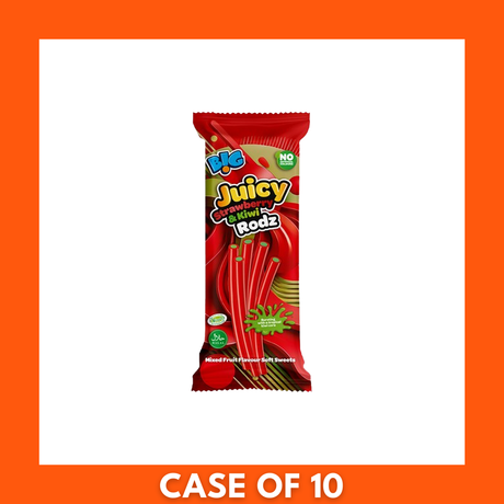 Ten-pack of Big Juicy Strawberry & Kiwi Liquorice Rodz (10 x 150g) showing colorful branded pouches with pink strawberry and green kiwi swirl liquorice rods