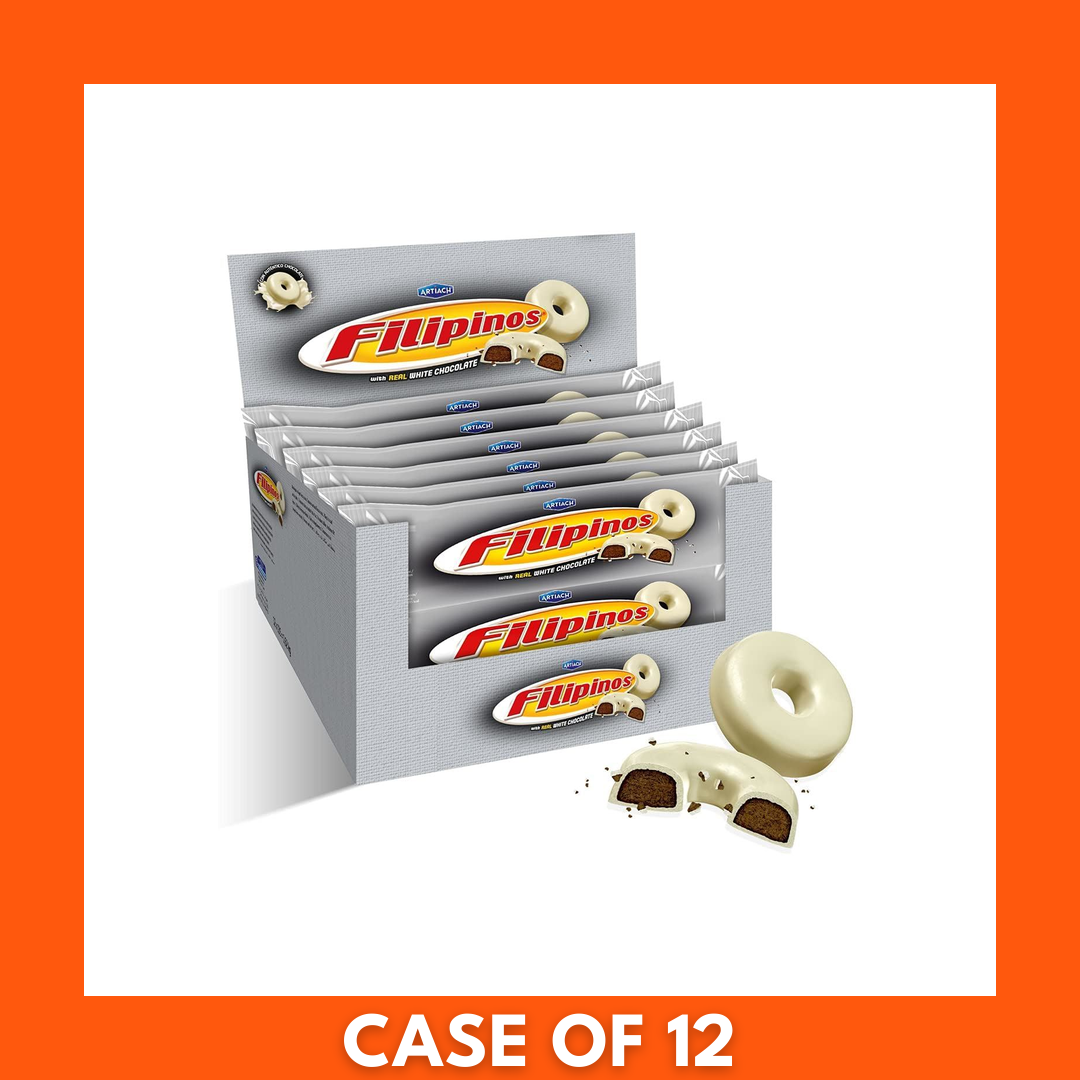 Bulk box of Filipinos Biscuit Dipped with White Chocolate (12 × 128g), showing white-chocolate-coated ring biscuits and branded packaging