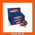 Close-up of Filipinos crispy ring-shaped cookies completely dipped in smooth milk chocolate, shown with retail packaging and a carton of 12 x 128g packs — glossy chocolate coating and crunchy texture visible.