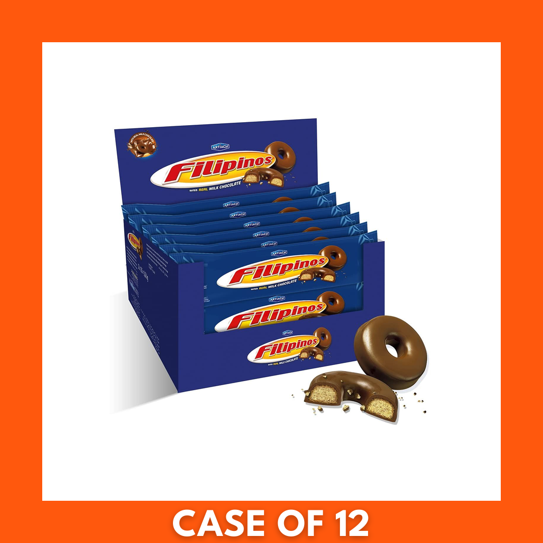 Close-up of Filipinos crispy ring-shaped cookies completely dipped in smooth milk chocolate, shown with retail packaging and a carton of 12 x 128g packs — glossy chocolate coating and crunchy texture visible.