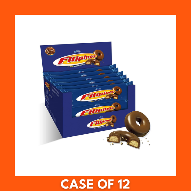 Close-up of Filipinos crispy ring-shaped cookies completely dipped in smooth milk chocolate, shown with retail packaging and a carton of 12 x 128g packs — glossy chocolate coating and crunchy texture visible.