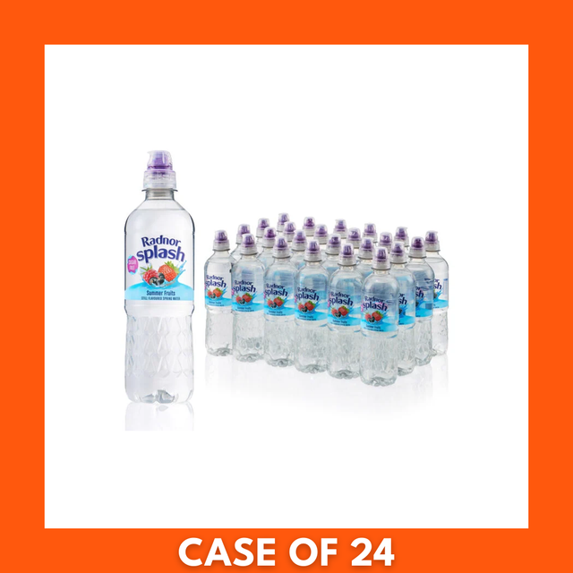 Boxed multipack of 24 Radnor Hills Splash Summer Fruits 500ml bottles — clear 500ml plastic bottles of Summer Fruits flavored water with branded labels, arranged for retail.
