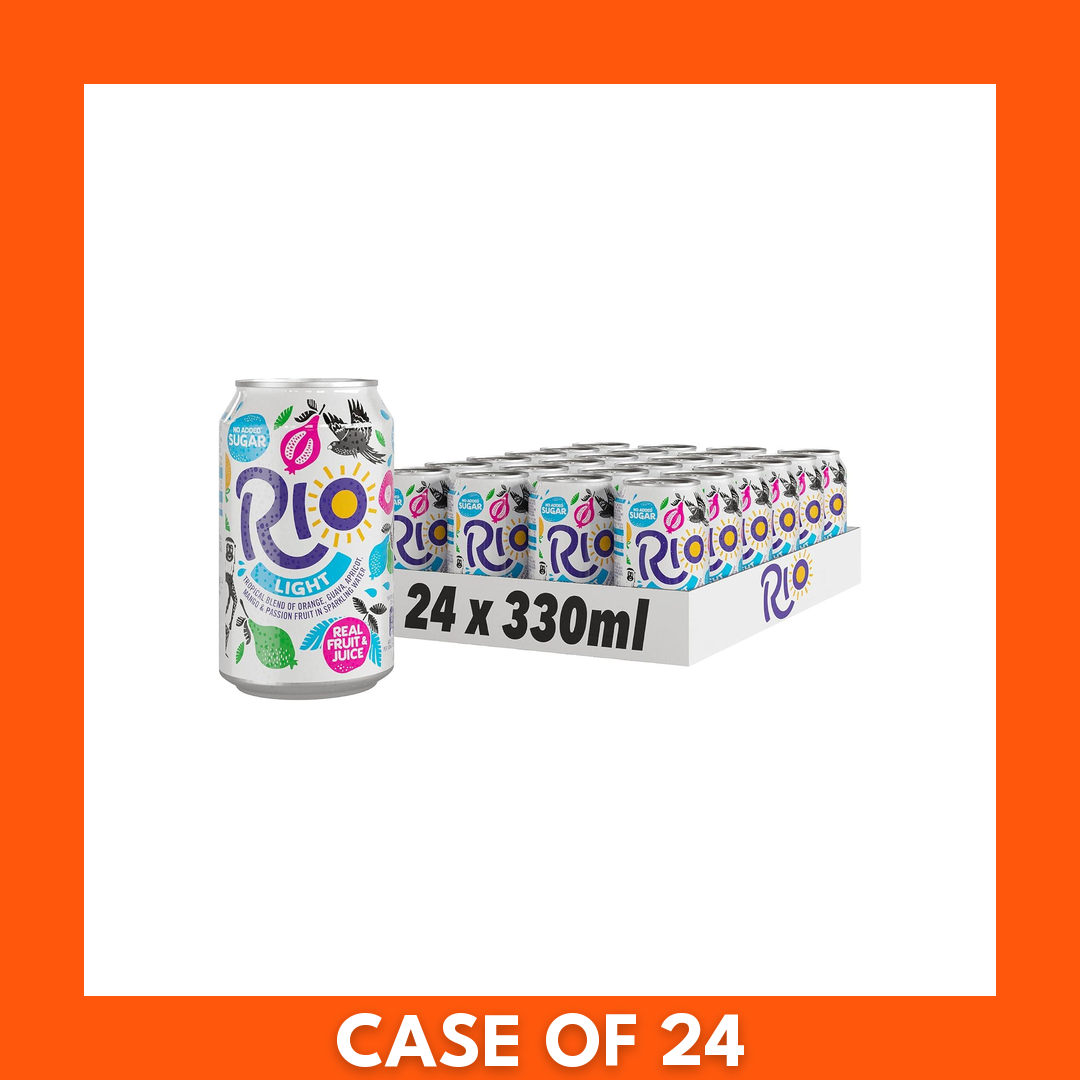 24-pack of Rio Tropical Light 330ml cans — multi-pack of light tropical fruit soft drink in colorful cans and cardboard box