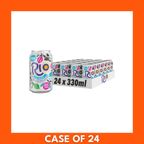 24-pack of Rio Tropical Light 330ml cans — multi-pack of light tropical fruit soft drink in colorful cans and cardboard box