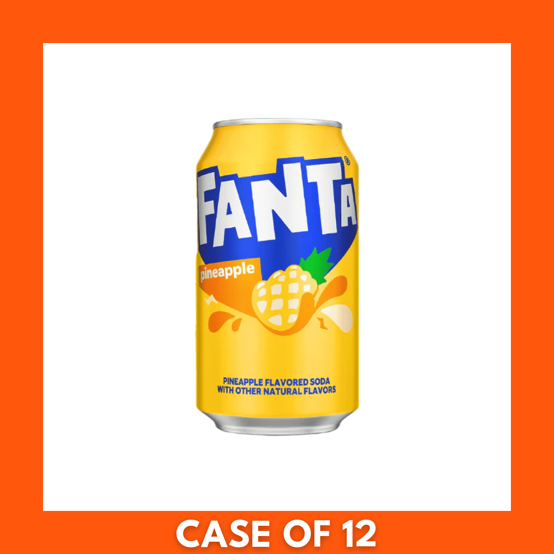 12-pack of Fanta Pineapple 355ml cans — twelve bright yellow aluminum cans in original packaging, pineapple-flavored soft drink
