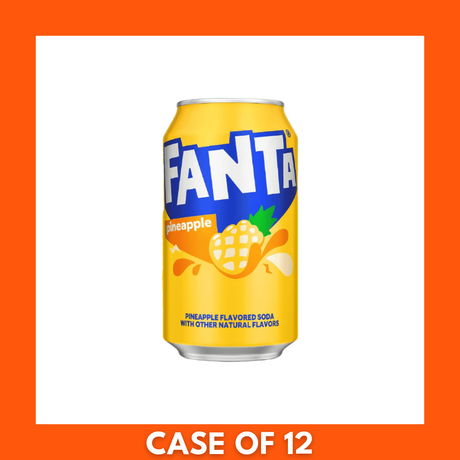 12-pack of Fanta Pineapple 355ml cans — twelve bright yellow aluminum cans in original packaging, pineapple-flavored soft drink