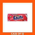 Pack of 12 Fanta Strawberry 12 fl oz aluminum soda cans, bright pink labels showing strawberry graphics and the Fanta logo