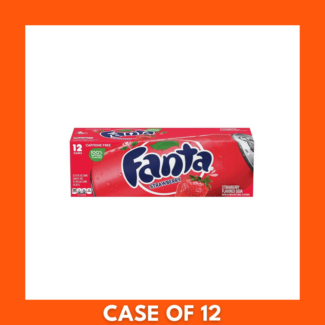 Pack of 12 Fanta Strawberry 12 fl oz aluminum soda cans, bright pink labels showing strawberry graphics and the Fanta logo