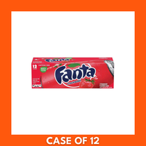 Pack of 12 Fanta Strawberry 12 fl oz aluminum soda cans, bright pink labels showing strawberry graphics and the Fanta logo