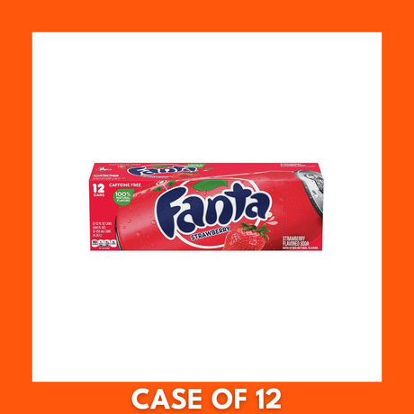 Pack of 12 Fanta Strawberry 12 fl oz aluminum soda cans, bright pink labels showing strawberry graphics and the Fanta logo