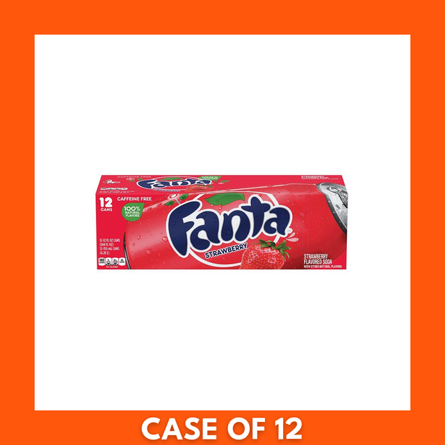 Pack of 12 Fanta Strawberry 12 fl oz aluminum soda cans, bright pink labels showing strawberry graphics and the Fanta logo