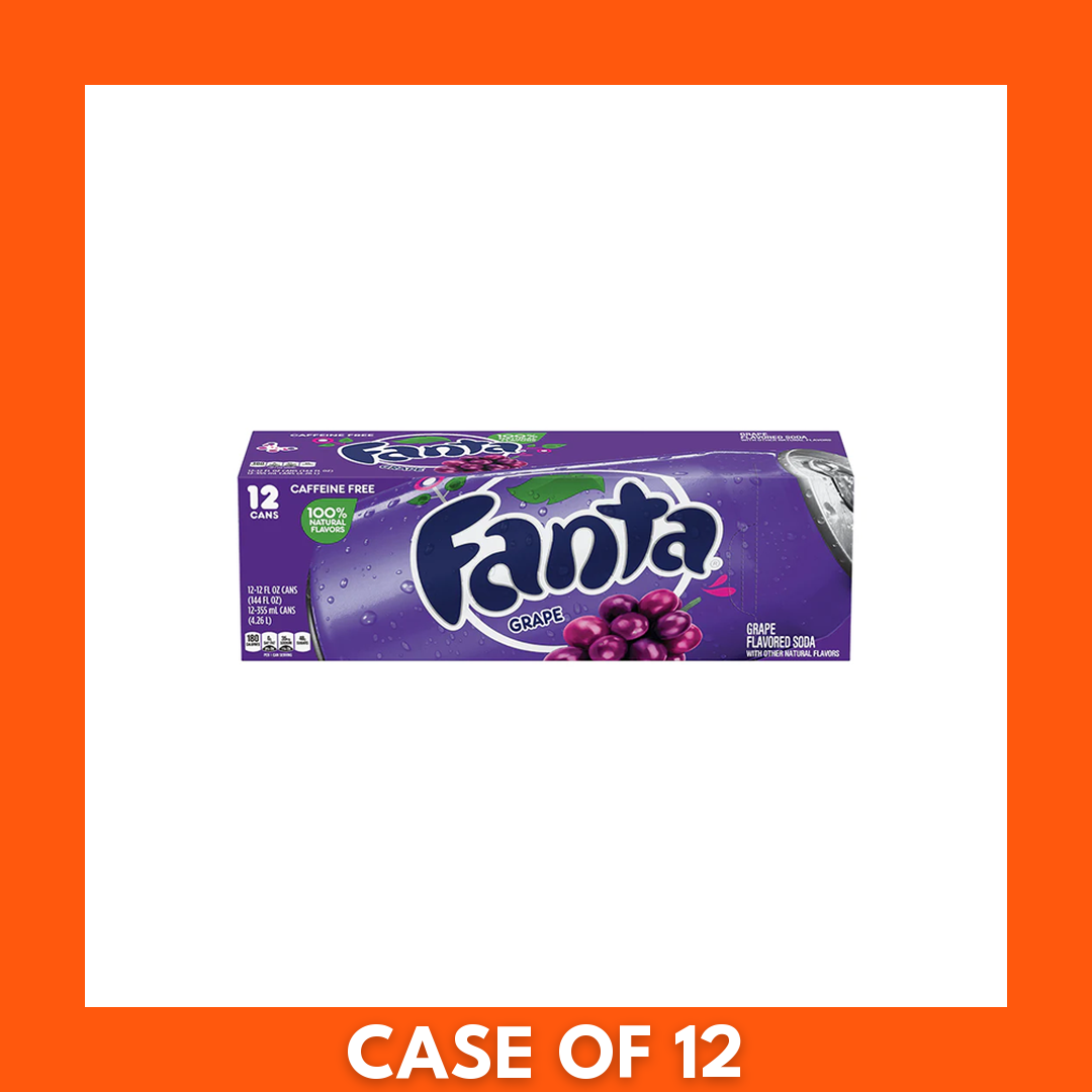 Fanta Grape 12 x 355ml — twelve purple cans (355 ml each) of grape-flavored Fanta in a branded multipack showing the Fanta logo and grape imagery
