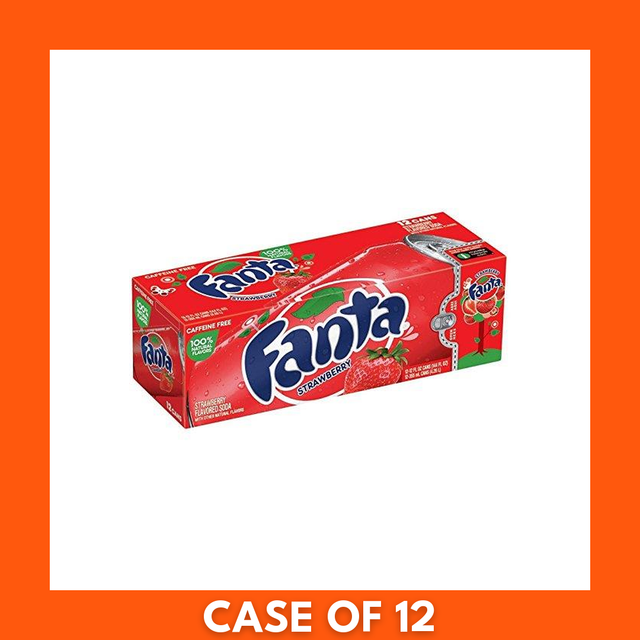 12 x 355ml pack of Fanta Strawberry cans featuring strawberry-flavored soda branding and WARCRAFT promotional artwork on the packaging and cans
