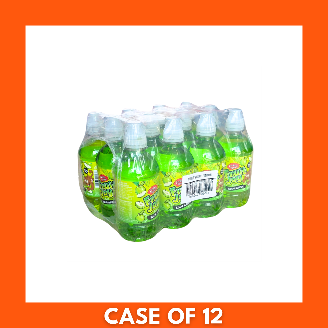 12-pack of Fruit Joy Sour Apple sugar-free still juice, 330ml green-labeled bottles showing a sliced green apple on the packaging
