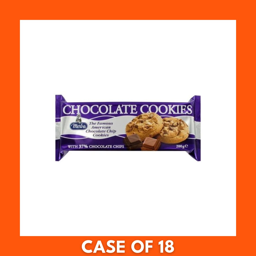 Open 200g pack of Merba Chocolate Chunk Cookies with a stack of cookies on a plate, chocolate chunks visible