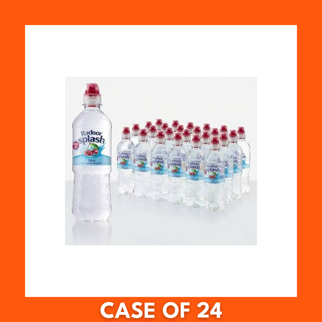 Pack of 24 Radnor Hills Splash Cherry 500ml bottles – clear PET bottles with pink-red cherry drink, white screw caps and branded labels showing cherry graphics, shrink-wrapped on a cardboard tray.