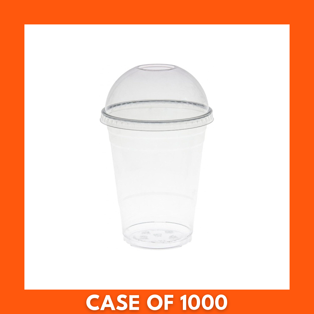 Stack of clear 12oz smoothie cups with matching lids, bulk pack of 500 disposable cold drink cups ideal for smoothies, shakes, and takeout.
