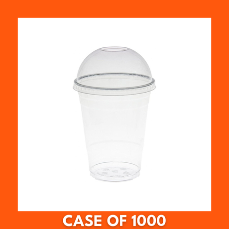 Stack of clear 12oz smoothie cups with matching lids, bulk pack of 500 disposable cold drink cups ideal for smoothies, shakes, and takeout.