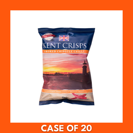 Box of ten 150g Kent Crisps Smoked Chipotle Chilli bags, front-facing packaging showing brand and flavour.