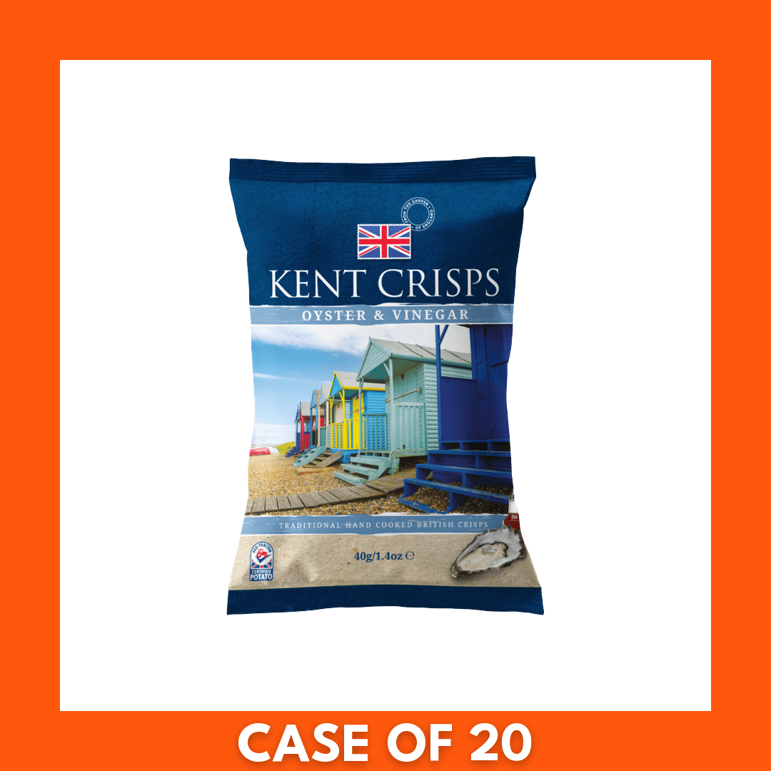 Box of 10 Kent Crisps Oyster and Vinegar 150g bags showing branded packaging with Kent logo and Oyster and Vinegar flavor label