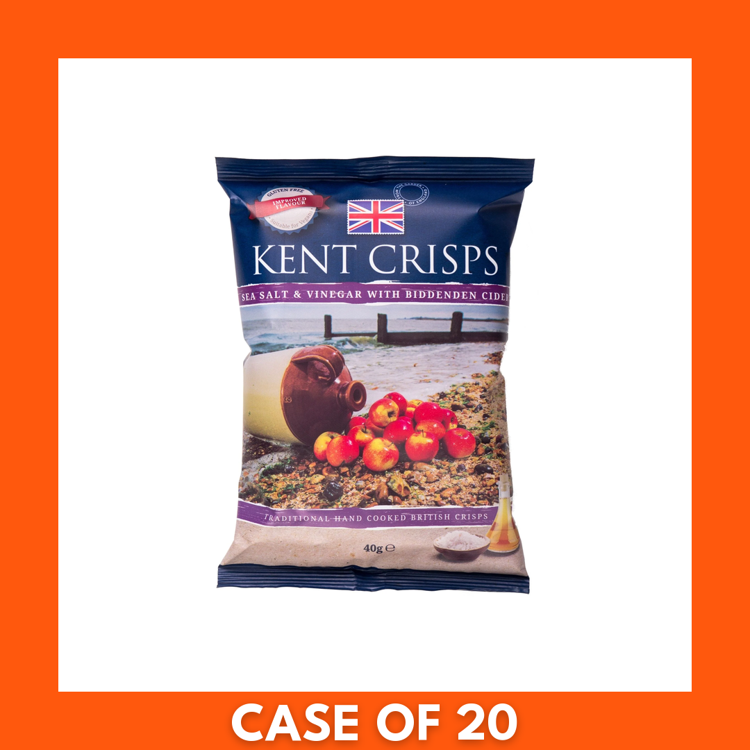 150g KENT Crisps Salt & Vinegar packet on a white background, close-up showing packaging details and crunchy salt-and-vinegar potato chips scattered in front.