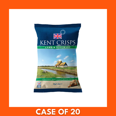 Box of 20 Kent Crisps Lamb and Rosemary 40g packs — front-facing carton with individual snack packets displaying the Kent Crisps logo and lamb-and-rosemary imagery.