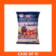 Front-facing image of a 10-pack of Kent Crisps Salt and Vinegar 150g bags in blue branded packaging showing crisp image and clear flavor label