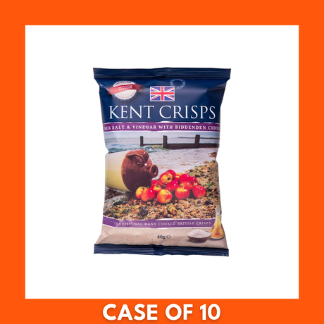 Front-facing image of a 10-pack of Kent Crisps Salt and Vinegar 150g bags in blue branded packaging showing crisp image and clear flavor label