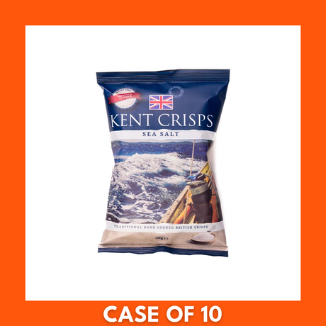 Bulk pack of ten 150g Kent Crisps Sea Salt bags — sea salt flavored potato crisps in branded packaging