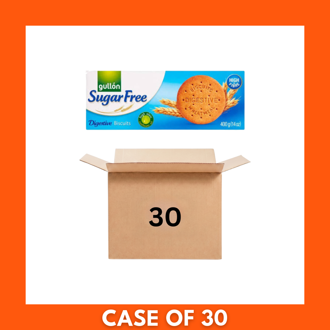 Bulk bundle of 30 Gullon Sugar Free Digestive biscuit packs (400 g each), boxed and stacked to show the front packaging with brand name and 'sugar free' label — 30x400g bundle deal.