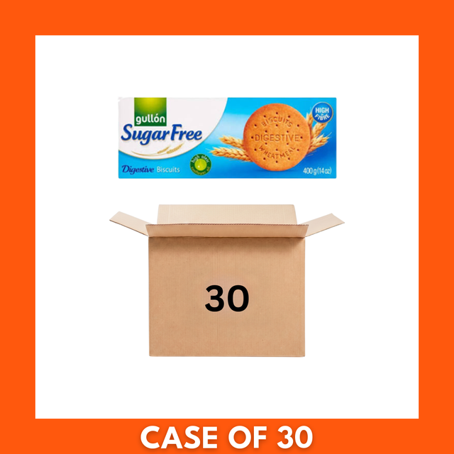 Bulk bundle of 30 Gullon Sugar Free Digestive biscuit packs (400 g each), boxed and stacked to show the front packaging with brand name and 'sugar free' label — 30x400g bundle deal.