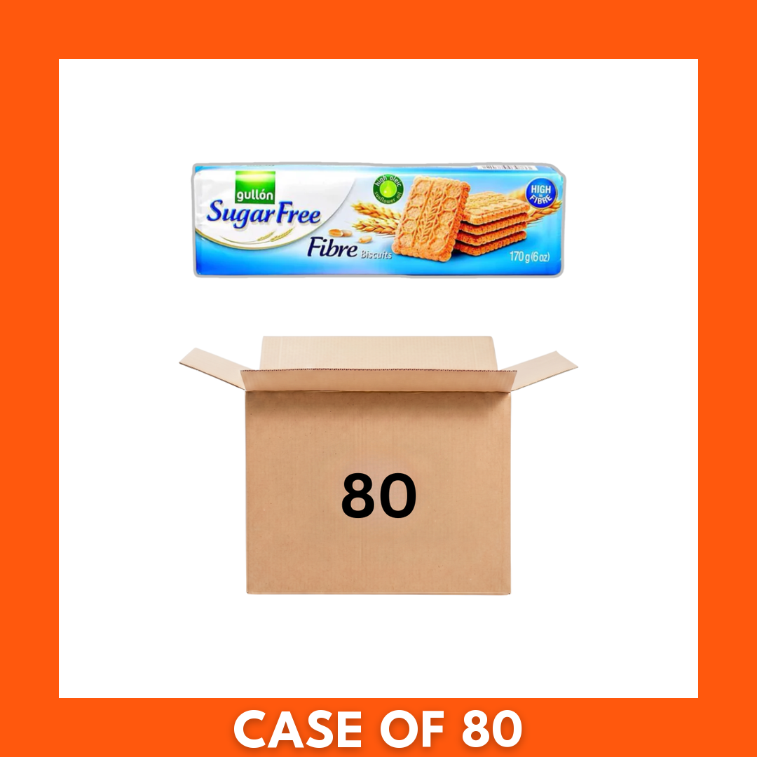 Bundle of 80 Gullon Sugar Free Fibre Biscuits packs (170g each) showing the front packaging with Gullon branding and clear 'sugar free' and 'fibre' claims — 170g x 80 bundle deal for low-sugar, high-fibre snacking