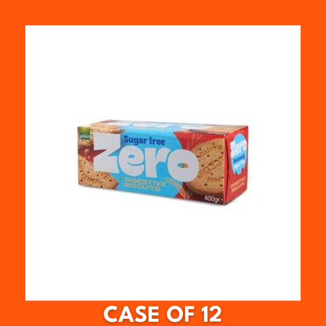 Pack of Gullon ZERO Digestive sugar-free biscuits 1x400g, front packaging with image of round digestive cookies — sugar-free snack