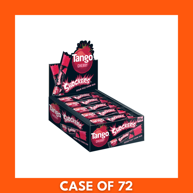 Tango Shockers Cherry Sweets bulk pack — 72 individually wrapped 10g red sachets displaying the Tango Shockers logo and cherry-flavor graphics