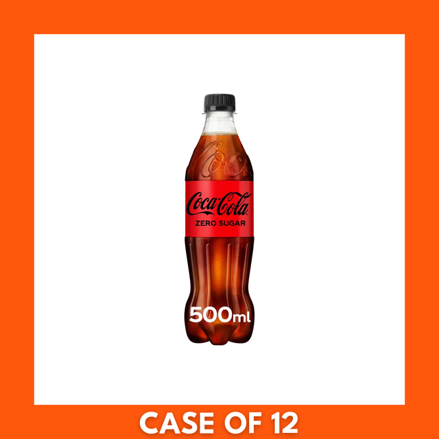 Coca‑Cola ZERO GB 12 x 500ml multipack — pack of twelve 500ml bottles of sugar‑free cola in black Coca‑Cola ZERO branded packaging with red and white logo