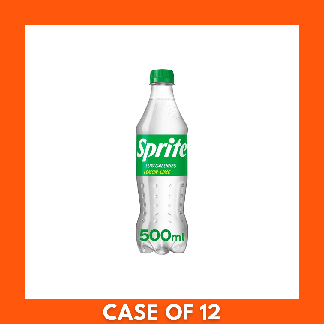 Sprite GB 12 x 500ml pack — twelve 500ml green-label PET bottles of lemon-lime carbonated soft drink.