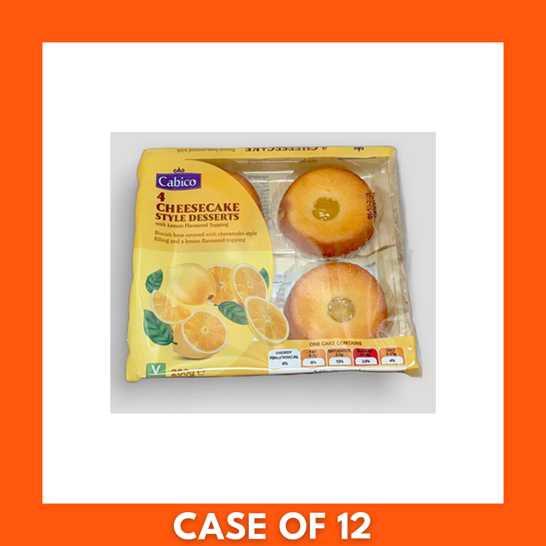 Slice of Cabico Lemon Cheesecake (200g) on white plate, creamy lemon filling with crumb base, garnished with lemon slice and zest