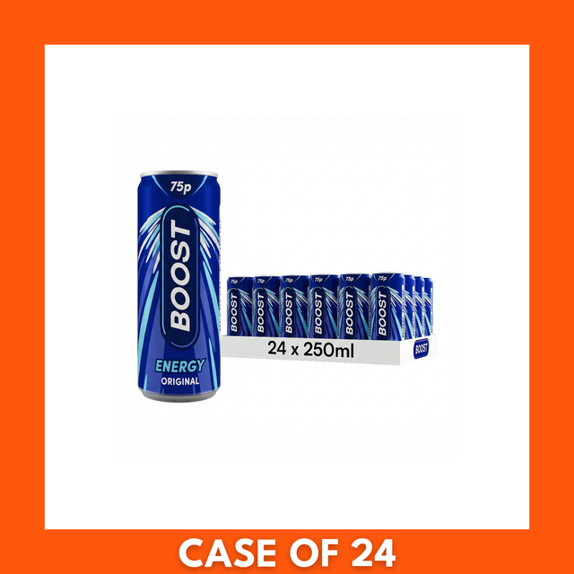 Boxed pack of 24 Boost Original nutritional drink bottles, 250ml each, with blue labels stacked in a carton