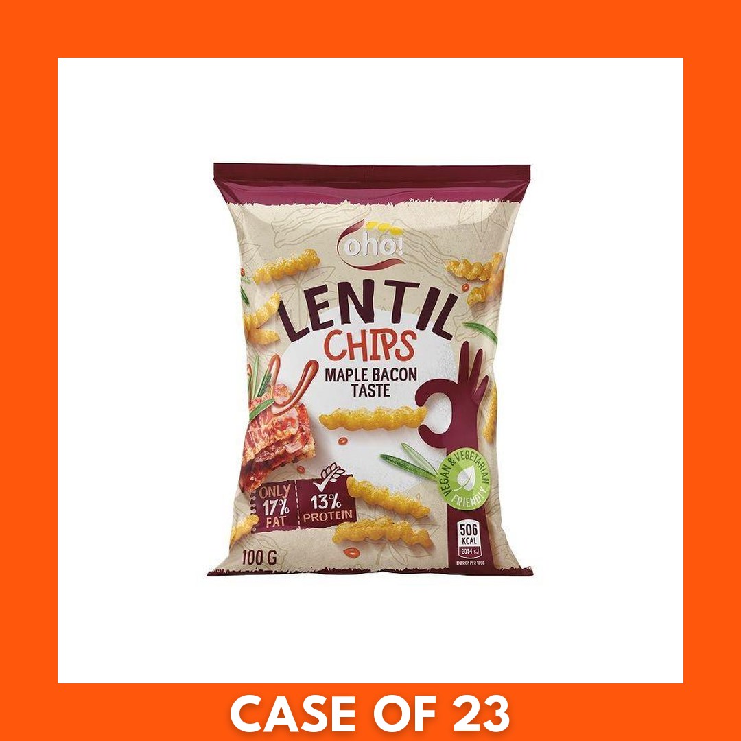 Oho Lentil Crisps Maple Bacon 1 x 100g — golden lentil crisps next to the product pack, labeled maple bacon flavor