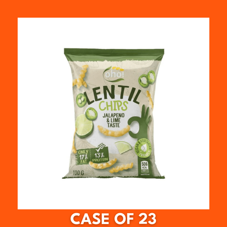 Single 100g bag of Oho Lentil Crisps, Jalapeño and Lime flavor — close-up of the bag with visible lentil crisps and jalapeño slice