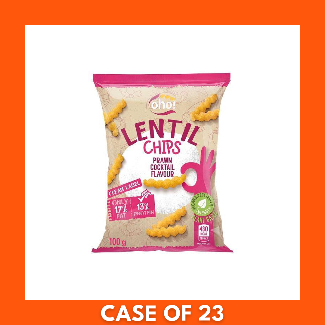 Close-up of Oho Lentil Crisps (Prawn Cocktail) 1 x 100g packaging and crunchy lentil crisps; front of bag displaying brand, flavor and weight beside a pile of seasoned round chips