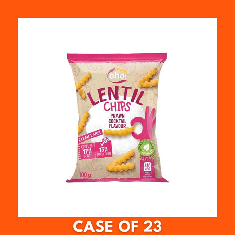 Close-up of Oho Lentil Crisps (Prawn Cocktail) 1 x 100g packaging and crunchy lentil crisps; front of bag displaying brand, flavor and weight beside a pile of seasoned round chips